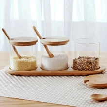 300ml Glass Spice Jar, Kitchen Seasoning Storage Container, Salt Jar, Coffee Storage Canister, Glass Storage Container With Bamboo Lid And Spoon, 2/3pcs Set With Bamboo Tray, Suitable For Kitchen Spices, Dry Ingredients, Sugar, Black Pepper, Coffee Food Storage - Clear - View 4