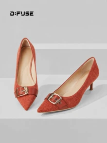 D:FUSE Women Houndstooth Decor Metal Buckle Pointed Toe Slip On Stiletto High Heel Pumps Vintage Office Siren Cozy Date Daily Wedding Red Microfiber - Burnt Orange - View 10