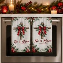 2pcs/Set Christmas Wreath Print Kitchen Towels, He Is Risen English Text, Holly Red Berry Plaid Bow Pattern Hand Towels, Oven Door Decorative Hanging Towels, Holiday Home Kitchen Decor, 4/6/8pcs Boxed - Multicolor - View 2
