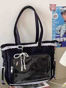 1件甜美淑女清新百搭單肩包，珍珠蝴蝶結亮點盡顯精緻優雅，動漫JK Cosplay DIY透明裝飾包，蕾絲飾邊裝飾，雙抽繩日常休閒大容量托特包，女款包，極簡優雅女款錢包，痛包 - 黑色 - 查看 10