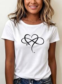 Casual Heart Graphic T-Shirt For Women, Short Sleeve Round Neck, Daily Wear Suitable For Autumn Matching - 白色 - 查看 5