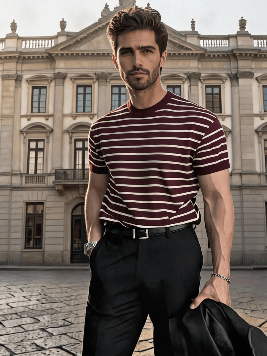 Loose Lightweight Striped Knit Crew Neck Short Sleeve T-Shirt, Casual Business Slim Fit Men's Summer Cool Tee - Red Violet - View 1