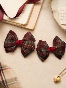 2pcs Red Grey Plaid Bow Hair Clips For Girl, Ribbon Edged Hair Bow,Alligator Clips For Daily,Party, Pastoral Style, Sweet Kids Hair Accessories - Multicolor - View 4