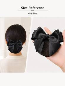 1pc Women's Detachable Hair Net Bow Hair Clip, Black Satin Ribbon Bun Hair Net With Removable Base Clip, Secure Hair Tie Net For Neat Updo Hairstyles; Suitable For Office, Dance, Ballet, Restaurant Work, Bedroom Grooming, Back To School Outfits, All-Season Style, Can Be Used As Holiday Gift - Black - View 2