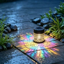 1件裝太陽能曼陀羅投影燈 戶外太陽能燈 空心鐵製花園裝飾燈 IP65 防水 適用於露台 草坪 陽台 樓梯 庭院 RGB 與暖白色變色燈 萬聖節聖誕節戶外裝飾擺件 - 亮光 - 查看 3