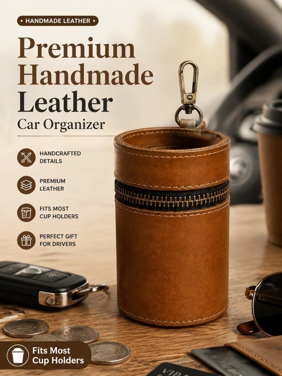 Luxury Handmade Leather Car Storage Box, Vintage Zipper Coin Organizer, High-End Craftsmanship Car Cup Holder Small Item Storage Box, Unique Gift For Drivers - One Size Fits All - View 1