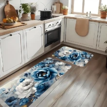 [Rose Design Room Decor] 1/2pcs High-Quality Flannel White Blue Rose Kitchen Mat Set | Indoor & Outdoor Comfortable Carpets For Home, Office, Laundry, Bathroom, Holiday Decor | Thickness 0.47 Inches - Multicolor - View 8
