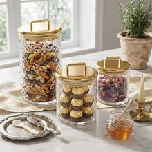 3-Pack Clear Storage Jars With Gold Lids – Airtight Containers For Bathroom, Vanity & Kitchen | Decorative Candy Jar, Bath Bomb Holder, Cotton Ball & Q-Tip Organizer | Home Decor & Bathroom Essentials | Christmas Gifts - 透明 - 查看 1