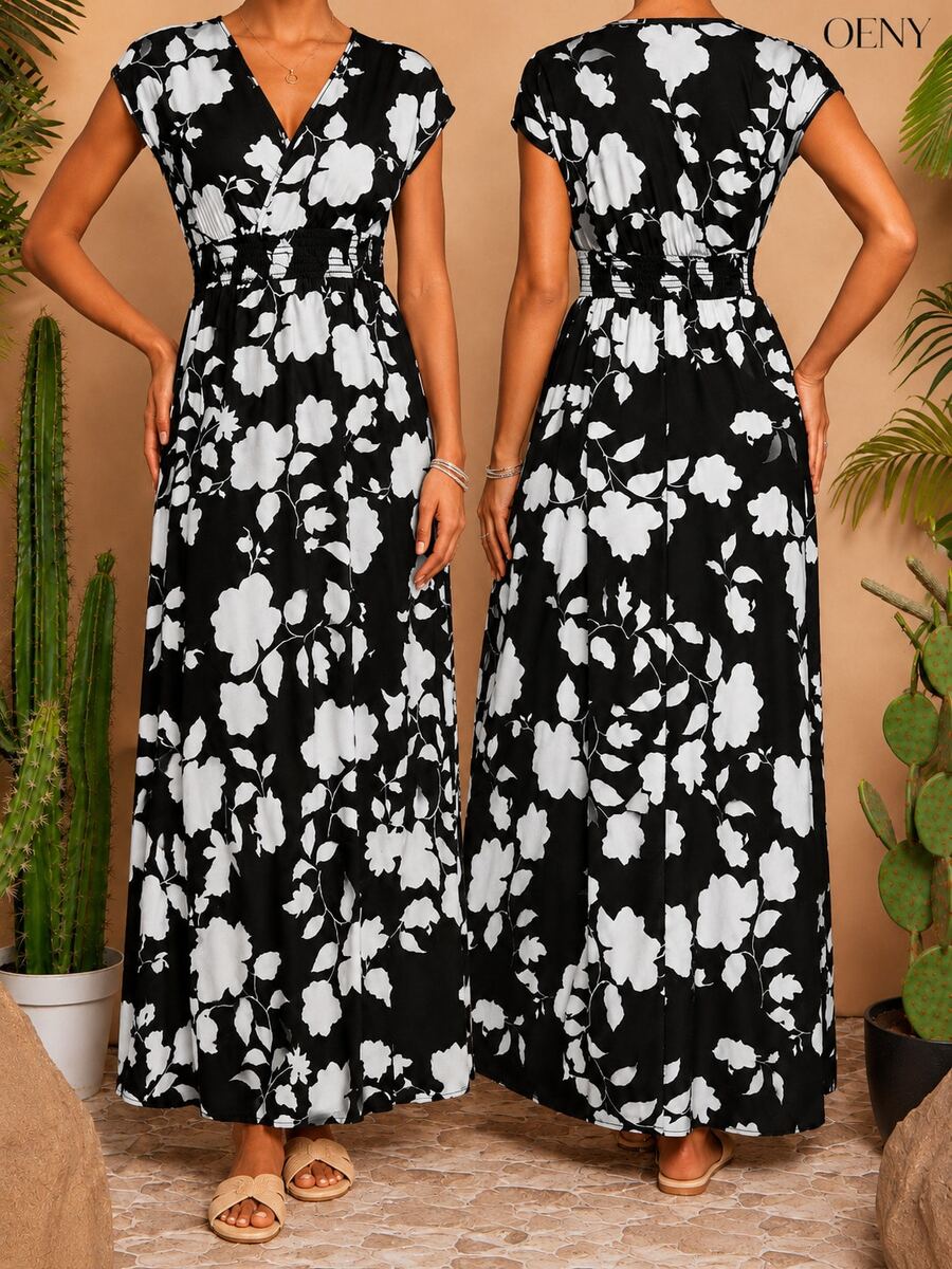 Women's Elegant Black & White Floral V-Neck Fitted A-Line Long Dress, Short Sleeve, Casual Woven Fabric Dress - Black - View 1