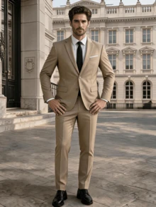 Conjunto de traje para hombre de 2 piezas, incluye chaqueta y pantalones, color champán con bolsillos, adecuado para fiestas, negocios, salidas y uso casual - Champán - Ver 1