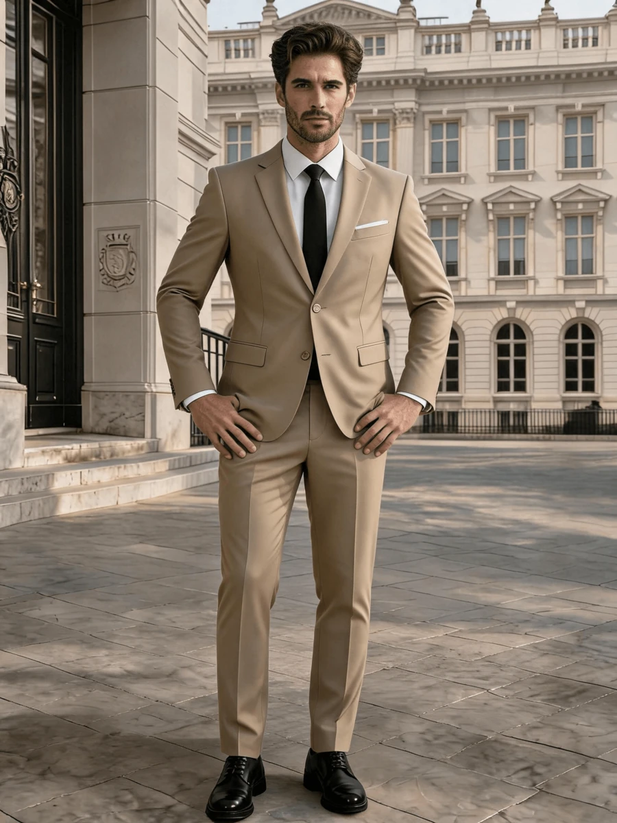 Conjunto de traje para hombre de 2 piezas, incluye chaqueta y pantalones, color champán con bolsillos, adecuado para fiestas, negocios, salidas y uso casual - Champán - Ver 1