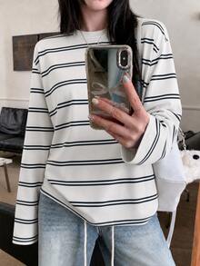 Off-White Base Navy Blue Thin Striped All-Over Print Loose Drop Shoulder Long Sleeve T-Shirt, Lazy Coastal Style Daily Home Wear Versatile Top - White - View 1