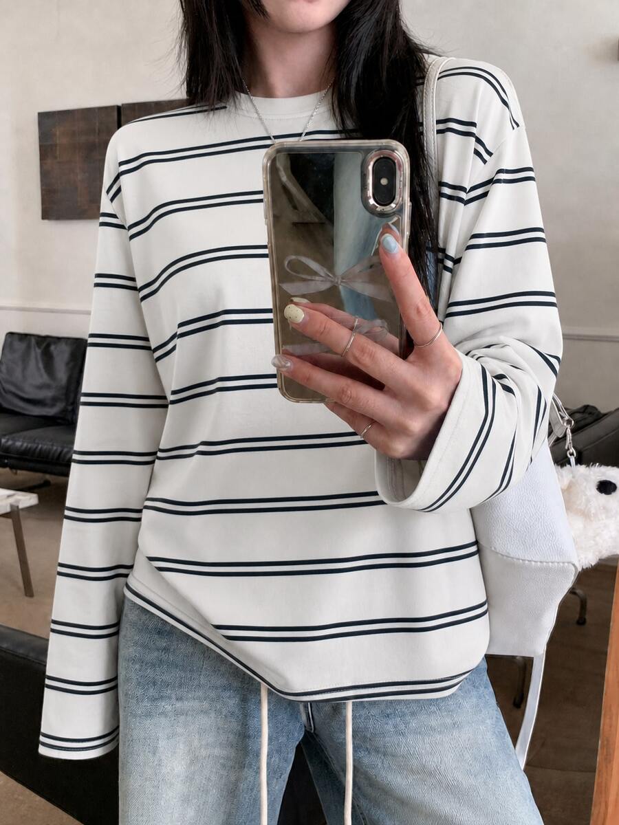 Off-White Base Navy Blue Thin Striped All-Over Print Loose Drop Shoulder Long Sleeve T-Shirt, Lazy Coastal Style Daily Home Wear Versatile Top - White - View 1