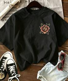 [Double-Sided] Summer Women's Vintage Tee – Raccoon & Floral Print, Round Neck Short Sleeve, Pure Cotton – Spring Outfit. - Black 1 - View 3