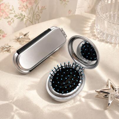 1pc Pocket Mirror Hair Brush, Mini Portable Folding Comb With Mirror, Portable Hair Brush, Comb, Hair Styling Tools, Hair Products & Accessories, Convenient For Styling Anytime Anywhere, Travel Essential, Folding Cushion Comb, Silver, Women's Valentine's Day Gift, Birthday Gift, Gift For Boyfriend/Girlfriend, Best Christmas Gift For Women
