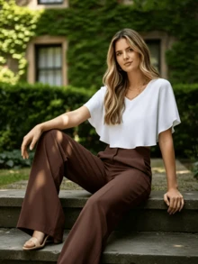 Women's Tailored Wide Leg Pants Wile Leg Elegant Fashion - 鏽棕色 - 查看 5