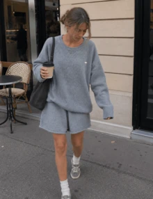 New Autumn/Winter Women's Elegant Minimalist Round Neck Pullover & Shorts 2 Pieces Set - Grey - View 2