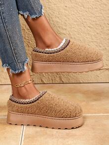 Women's Fluffy Plush Shaped Trimmed Woven Strap No Print Round Toe Backless Thick Sole Flat Heel Plush Toe Slippers, Retro Casual Home Rest Street Stroll Short Distance Shopping Autumn/Winter Camel Brown - Camel - View 4