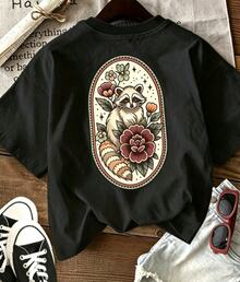 [Double-Sided] Summer Women's Vintage Tee – Raccoon & Floral Print, Round Neck Short Sleeve, Pure Cotton – Spring Outfit. - Black 1 - View 2