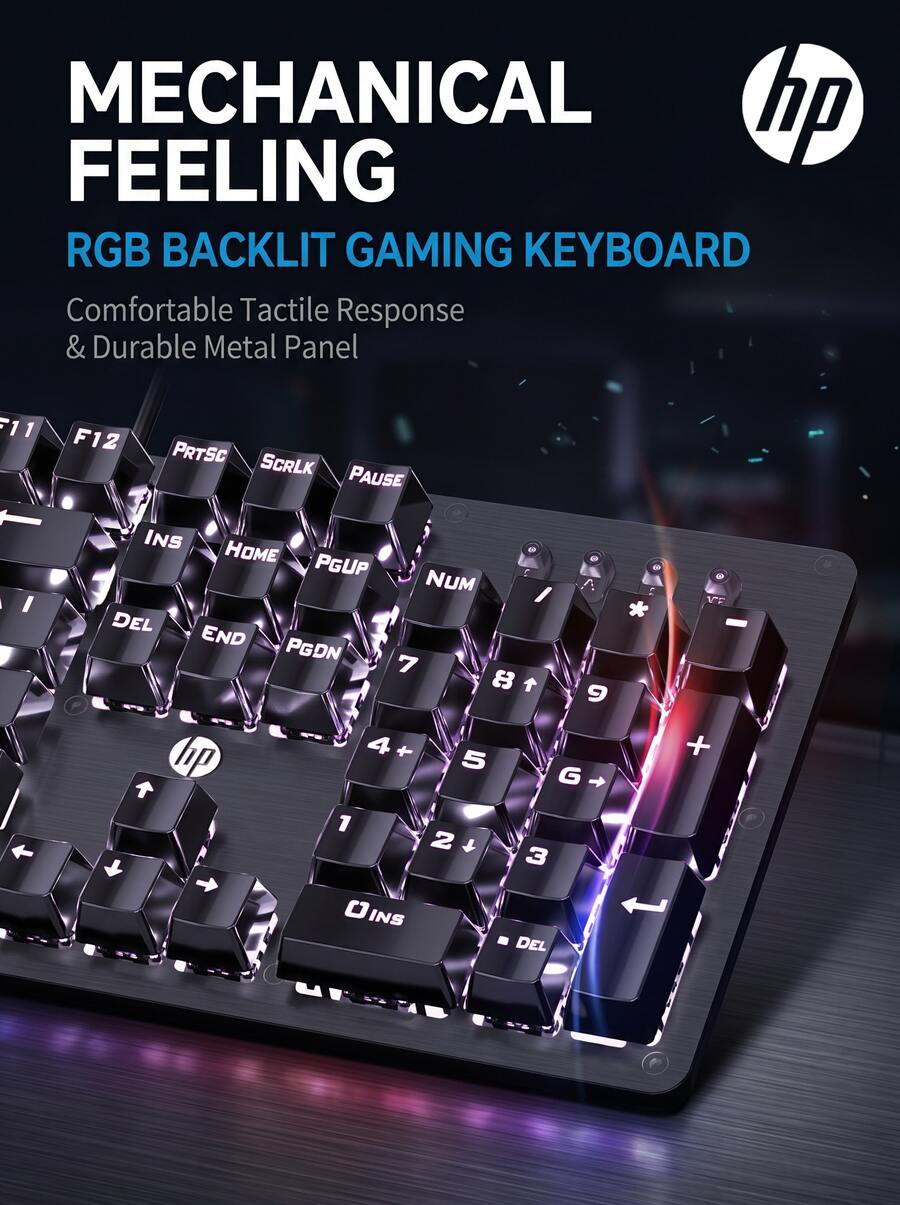 HP GK100F Gaming Mechanical Keyboard, 104-Key Full-Size, Ice Blue Glacier Lighting + 20 Lighting Effects, 50 Million Keystroke Lifespan Blue Switch, Macro Programming/N-Key Rollover - View 1