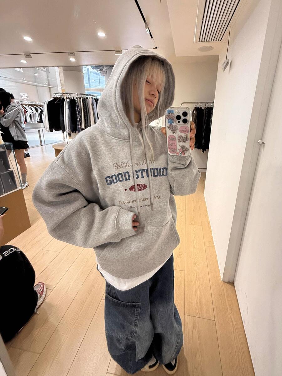 Women's Light Gray Floral & Letter Print Hooded Sweatshirt, Vintage Drop Shoulder Loose Drawstring Long Sleeve Casual Top - Gray - View 1