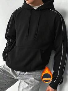 Men's Colorblock Trim Long Sleeve Hoodie With Fleece Lining, Casual Daily Commute Streetwear INS Style - Black - View 3
