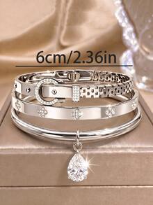 Camhanno 3pcs/Set Fashionable Stainless Steel Bracelet, Inlaid With Transparent Zirconia, Elegant And Flattering To Skin Tone, Versatile For Any Outfit - Silver - View 4