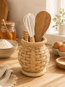 1pc Woven Rattan Style Kitchen Utensil Holder Set, Large And Small Cutlery Organizer For Cooking Tools, Spoons, Forks, Chopsticks, Straws, Rustic Farmhouse Countertop Storage Basket, Kitchen Decor - Multicolor - View 5