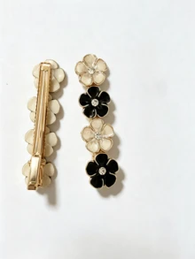 2 piezas de pinzas para el cabello minimalistas y versátiles con flores y pedrería, adecuadas para uso diario - Multicolor - Ver 3