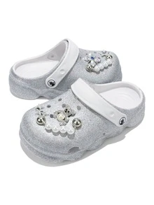 HOEASE Youngsters' Garden Clogs, Girls' Summer EVA Soft-Soled Comfortable Beach Shoes, Breathable Slip-On Design, With Shiny Glitter, All-Season Footwear - Silver - View 3