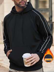 Men's Colorblock Trim Long Sleeve Hoodie With Fleece Lining, Casual Daily Commute Streetwear INS Style - Black - View 4