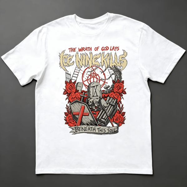 100% Cotton Black Crew Neck T-Shirt, Ice Nine Kills Red And Pink Tombstone Print, Metalcore Band T-Shirt.