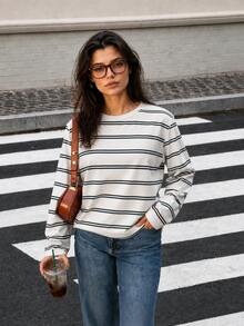 Off-White Base Navy Blue Thin Striped All-Over Print Loose Drop Shoulder Long Sleeve T-Shirt, Lazy Coastal Style Daily Home Wear Versatile Top - White - View 3