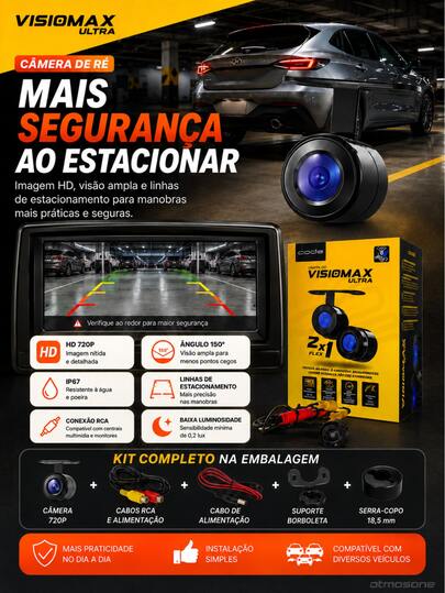 Câmera de Ré Visiomax Ultra HD 720p Universal 12V IP67 Ângulo 150° com Linhas de Estacionamento e Entrada RCA