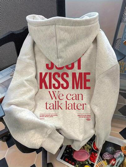 Women's English Slogan Back Print Sweatshirt, White Floral Grey, Dropped Shoulder Loose Long Sleeve Casual Pullover Top