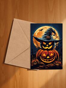1pc Cross-Border New Halloween Greeting Card Collection, Cute Cartoon Pumpkin Ghost Black Cat Greeting Card With Envelope Set - B - View 4