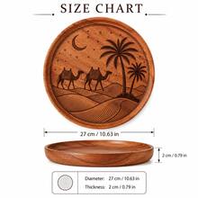 1pc Creative Walnut Wood Plate, Desert Camel Star Moon Date Palm Tree Carved Round Wooden Plate, Western Dinner Plate, Steak Plate, Candy Plate, Fruit Plate, Solid Wood Pizza Board, Serving Tray - View 13