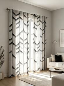 2pcs Digital Printed Curtains, Gray & Black Wave Geometric Pattern, Modern Industrial Style, Suitable For Living Room, Bedroom, Office Decoration - Multicolor - View 2