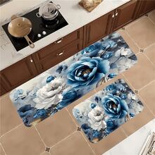 [Rose Design Room Decor] 1/2pcs High-Quality Flannel White Blue Rose Kitchen Mat Set | Indoor & Outdoor Comfortable Carpets For Home, Office, Laundry, Bathroom, Holiday Decor | Thickness 0.47 Inches - Multicolor - View 5