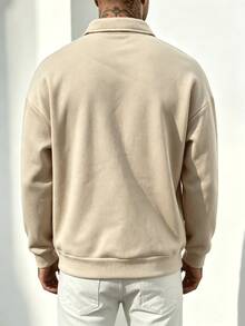 Autumn/Winter Vintage Half-Zip Polo Collar Loose Fit Solid Color Long Sleeve Sweatshirt For Men - Khaki - View 2