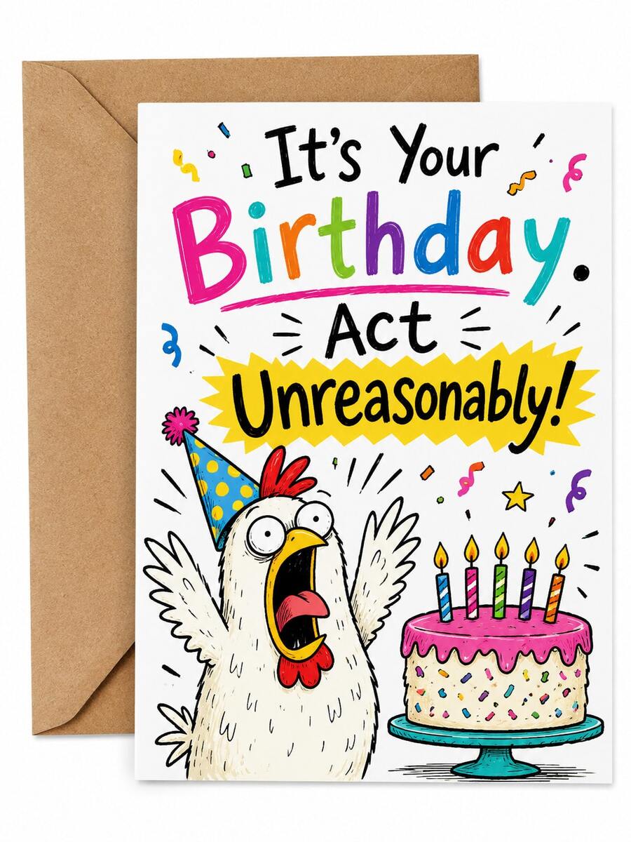 Cartoon Chick Birthday Card With Brown Envelope, Fun Slogan Colorful Confetti Cake Print, Blank Inner Paper Note Card, Creative Handwritten Greeting Stationery, Cute Birthday Gift For Friends And Family Holiday Party - Multiple Styles - View 1