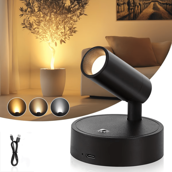 1pc Rechargeable Magnetic LED Spotlight, Indoor Use, USB Charging, 3-Color Dimmable, 350° Rotatable, Battery Powered, Touch Control Wall Lamp, Suitable For Bedroom, Bedside, Artwork, Painting, Potted Plants, Plants, Picture Light