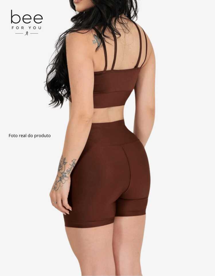 Women's Gym Set In Suplex Polyamide Top And Shorts With Elastic High Waist - Bee - Chocolate Brown - View 4