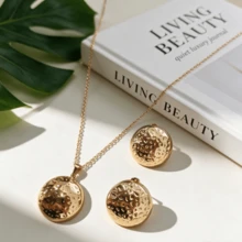 1 Set Vintage French Style Glossy Stainless Steel Hammered Round Disc Necklace & Earrings Jewelry Set, Suitable For Women's Daily Commute Wear - Hammered Dome Jewelry Set - View 3