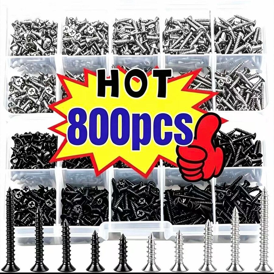 800 buah Sekrup Kayu Self Tapping Kombinasi, Kit Sekrup Kepala Datar Silang Logam M2, Cocok untuk Papan dan Kabinet, Pengerjaan Kayu, Proyek DIY dan Perakitan Furnitur, 8 Ukuran