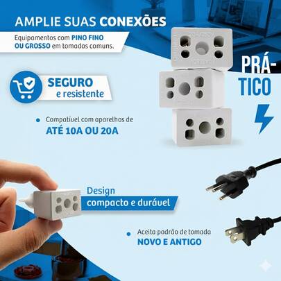 Adaptador de Tomada C/5 Benjamin BOB 10A/20A Pino Maciço Resistente