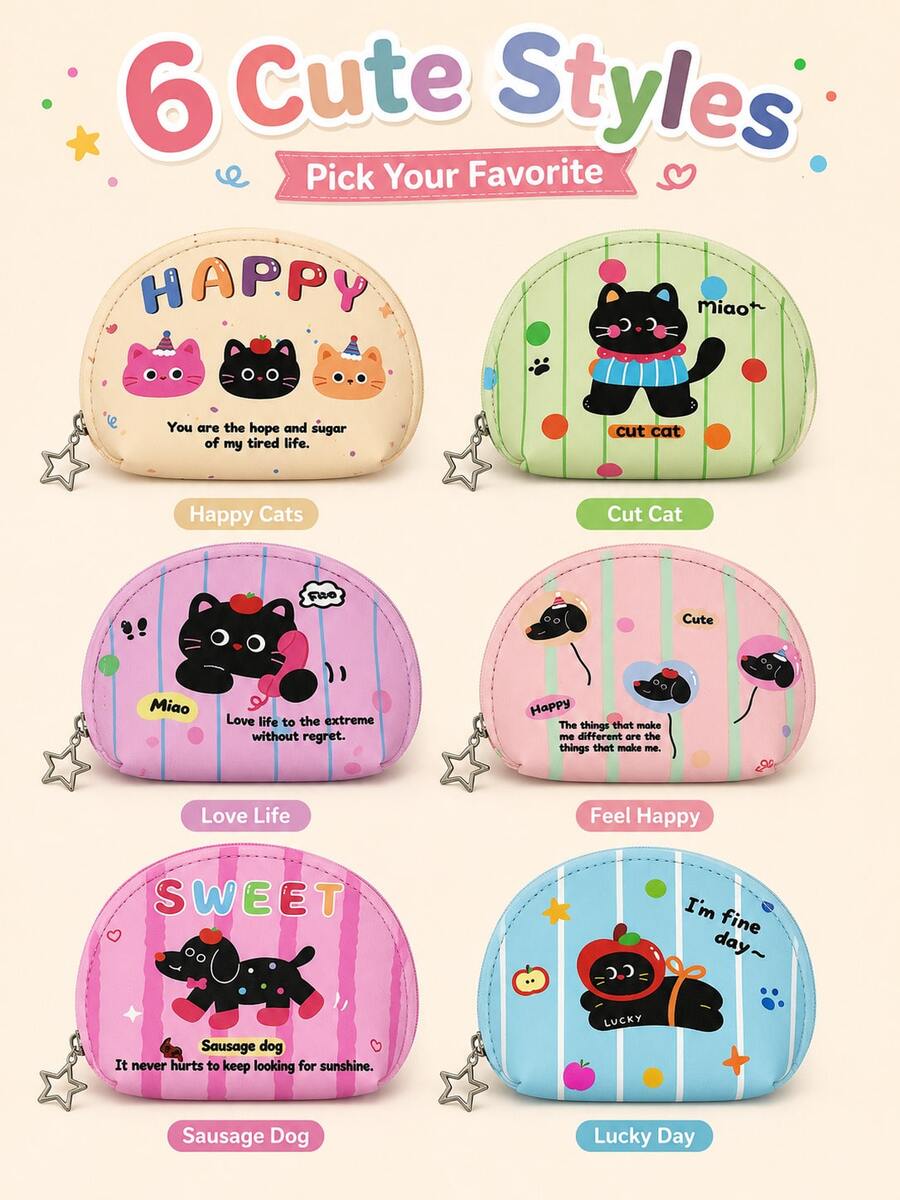 XD 12pcs/6pcs/3pcs/1pc Kids Dachshund Cartoon Print Coin Purse/Small Wallet, Multi-Functional Storage For Coins, Earphones, Access Cards/Multi-Functional Coin Small Wallet - Multicolor - View 1