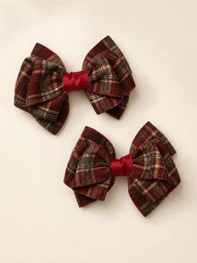 2pcs Red Grey Plaid Bow Hair Clips For Girl, Ribbon Edged Hair Bow,Alligator Clips For Daily,Party, Pastoral Style, Sweet Kids Hair Accessories - Multicolor - View 7