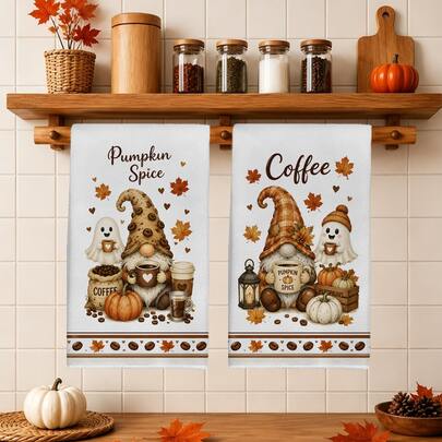 2 Buah Handuk Dapur Tema Kopi Musim Gugur, Ilustrasi Hantu, Kurcaci, dan Latte, Ukuran 40*60cm, Handuk Dapur Mikrofiber Persegi Panjang, Kain Lap Piring, Taplak Meja, Handuk Tangan, Dekorasi Dapur, Dekorasi Rumah, Hadiah Pindah Rumah untuk Tetangga, Sempurna untuk Penggunaan di Dapur dan Kamar Mandi, Cocok untuk Ibu Rumah Tangga dan Hadiah Pertemuan Keluarga, Nilai Uang Tinggi, Kebutuhan Rumah Tangga