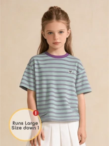 Balabala Unisex Teens' Short Sleeve T-Shirt, Striped Quick-Dry Fabric, Family Matching Summer Top - Blue Tint - View 2